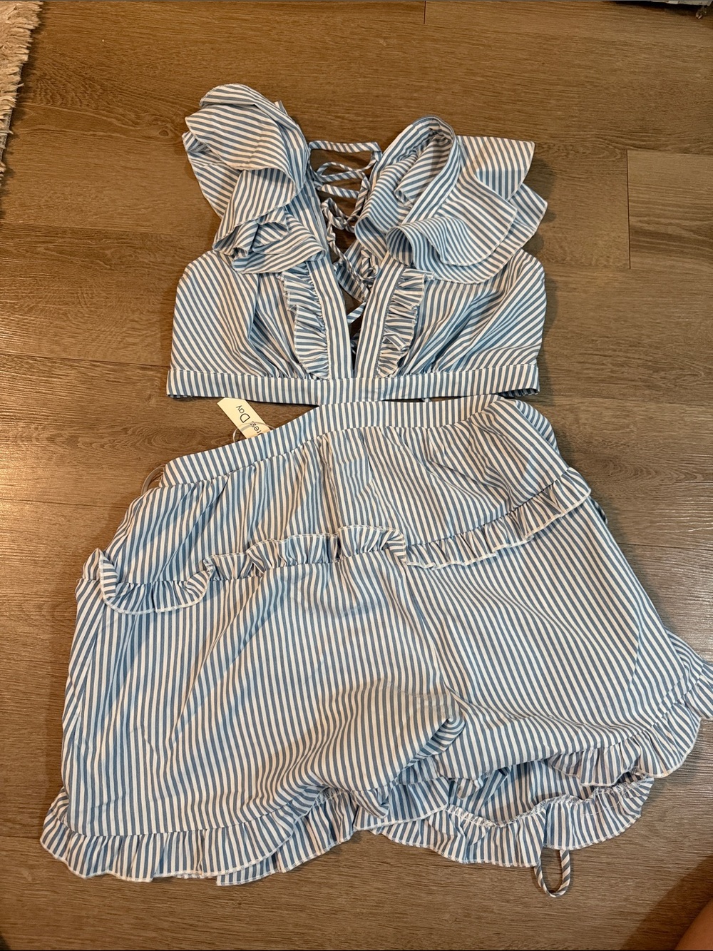 Pink Lily Blue & White Striped Ruffle Lace-Up Romper